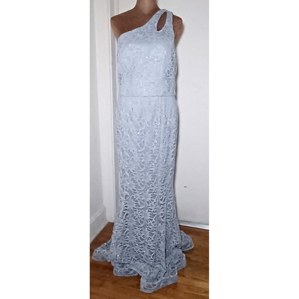 BCX Dress Juniors 11 Light Gray Sequin Lace One Shoulder Gown Cinderella‎ Vibes